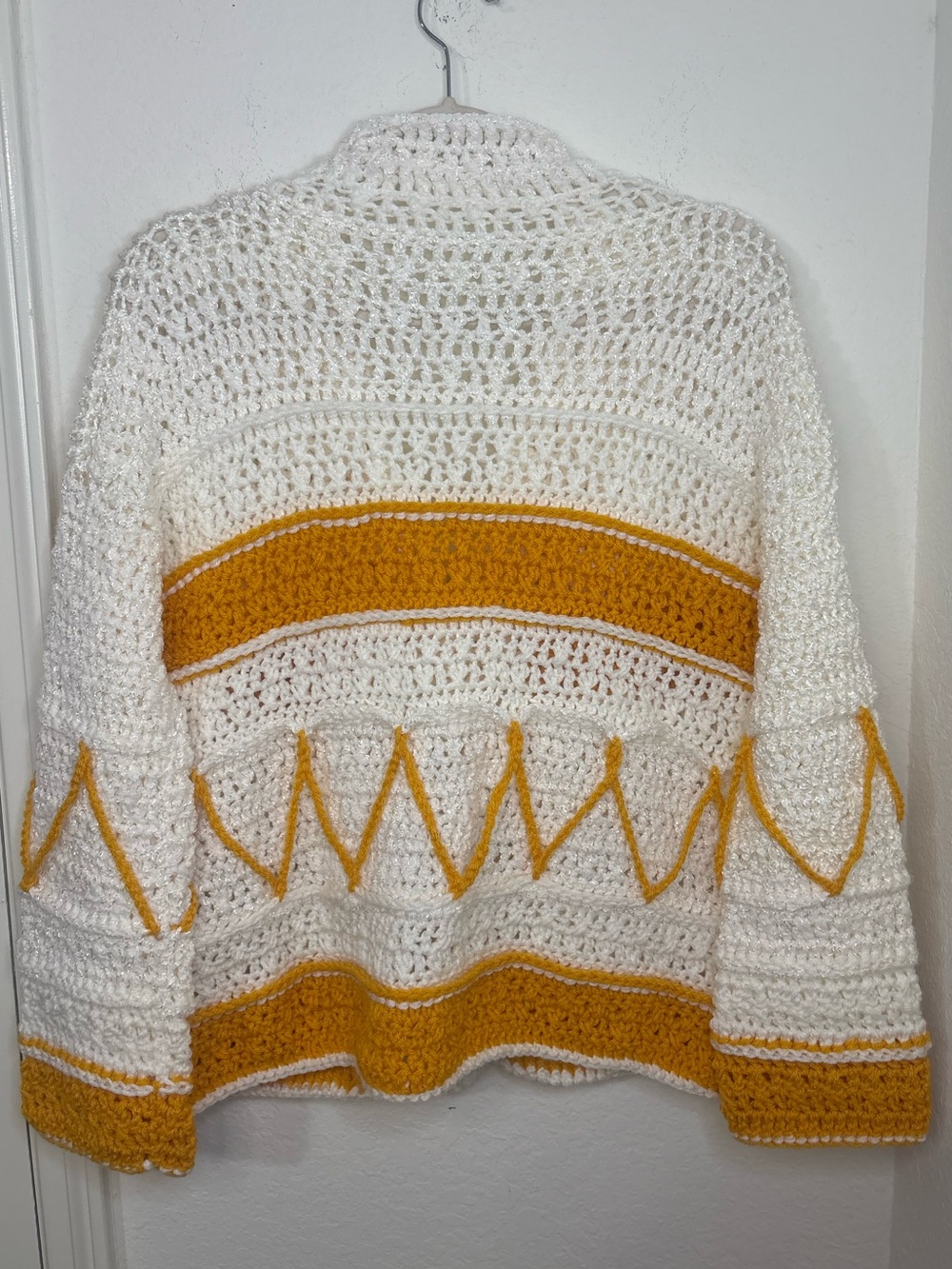Handmade Knit Crochet Cardigan Sweater Mustard Yellow & Cream Boho - Picture 9 of 16